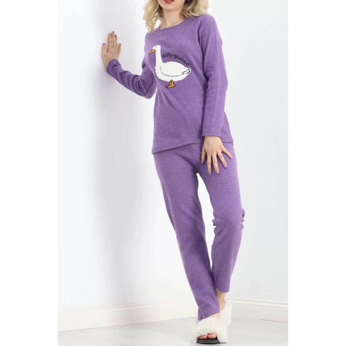 Nakışlı Fitilli Pijama Takımı Mor - 19217.1048.