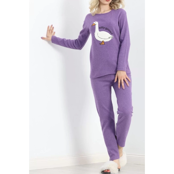 Nakışlı Fitilli Pijama Takımı Mor - 19217.1048.