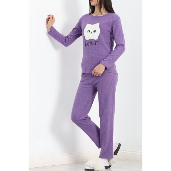 Nakışlı Fitilli Pijama Takımı Mor1 - 19219.1048.