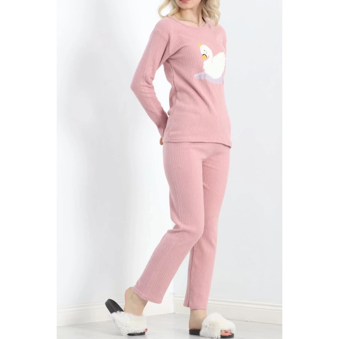 Nakışlı Fitilli Pijama Takımı Pudra1 - 19217.1048.