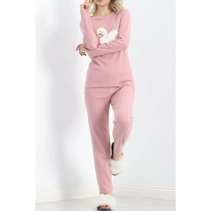 Nakışlı Fitilli Pijama Takımı Pudra1 - 19217.1048.