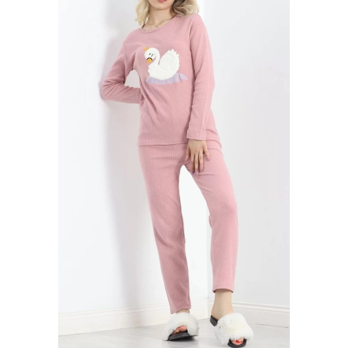 Nakışlı Fitilli Pijama Takımı Pudra1 - 19217.1048.