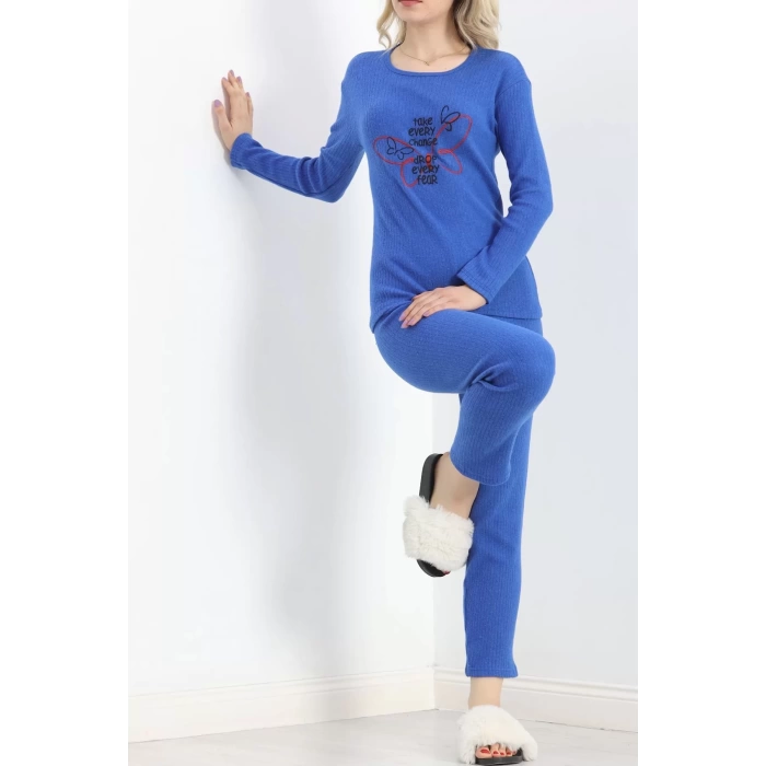 Nakışlı Fitilli Pijama Takımı Saks - 19217.1048.