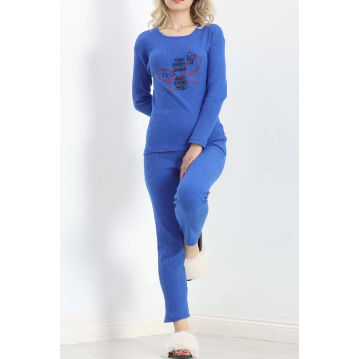 Nakışlı Fitilli Pijama Takımı Saks - 19217.1048.