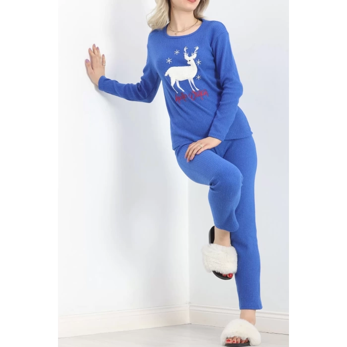 Nakışlı Fitilli Pijama Takımı Saks - 19219.1048.