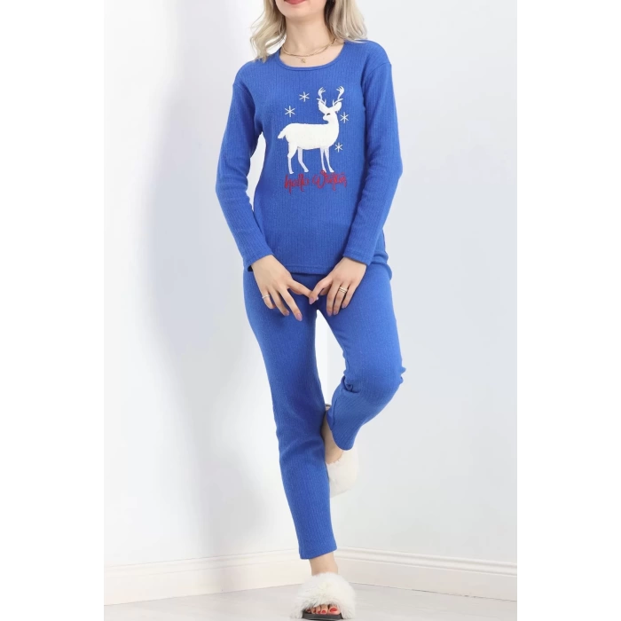 Nakışlı Fitilli Pijama Takımı Saks - 19219.1048.