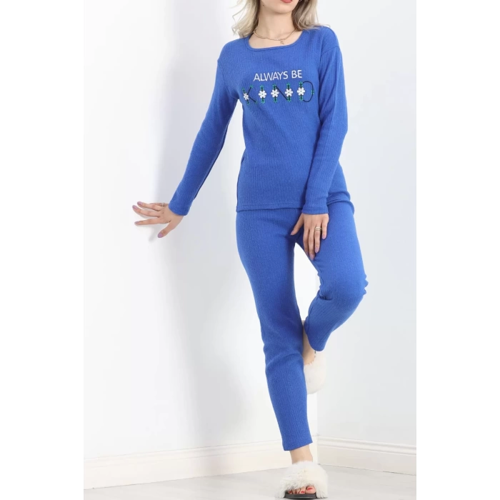 Nakışlı Fitilli Pijama Takımı Saks1 - 19219.1048.