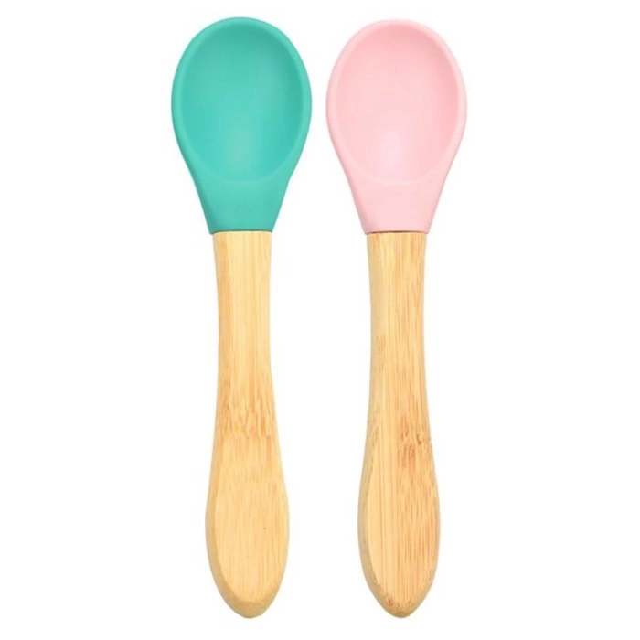 Nessiworld Bambu Saplı Silikon Mama Kaşığı 2li Yeşil Pembe