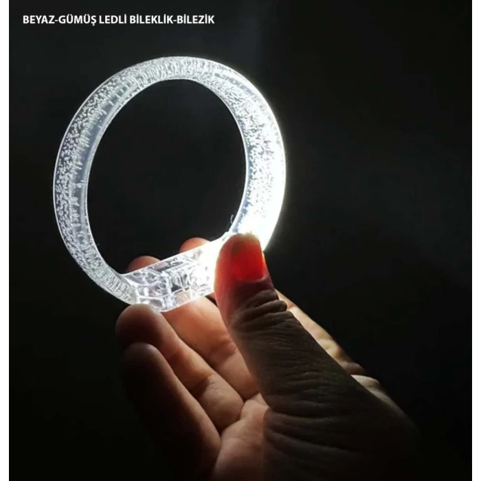 Nessiworld Beyaz-Gümüş Led Işıklı Baskı Yapılabilen Pilli Bileklik Bilezik 1,5 cm Genişlik