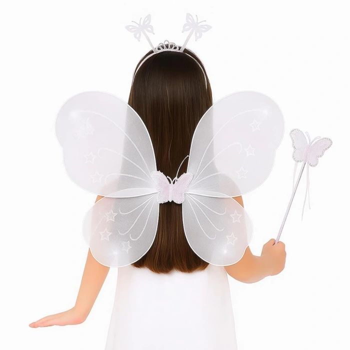 Nessiworld Beyaz Kelebek Kız Seti – 50 cm Kelebek Kanadı, Taç ve Asa