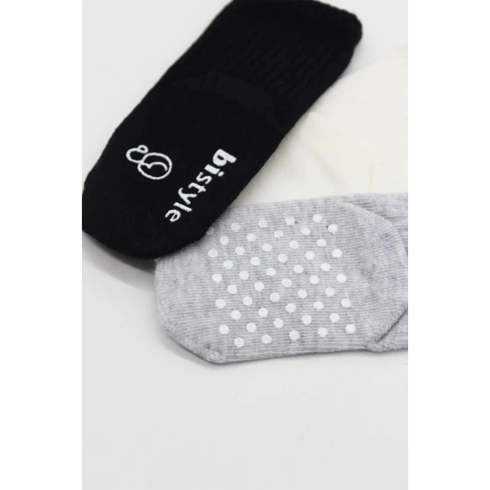Nessiworld Bistyle Basic Kaymaz Penye Soket Çorap 3Lü BS10106 Siyah Ekru Gri