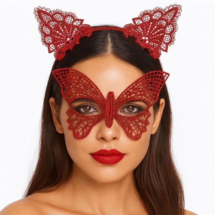Nessiworld Gösterişli Kırmızı Dantel Maske ve Taç Seti 7 No – Masquerade ve Davetler için