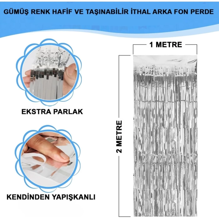 Nessiworld Gümüş Renk Ekstra Metalize Parlak Saçaklı Arka Fon Perde İthal A Kalite 1x2 Metre