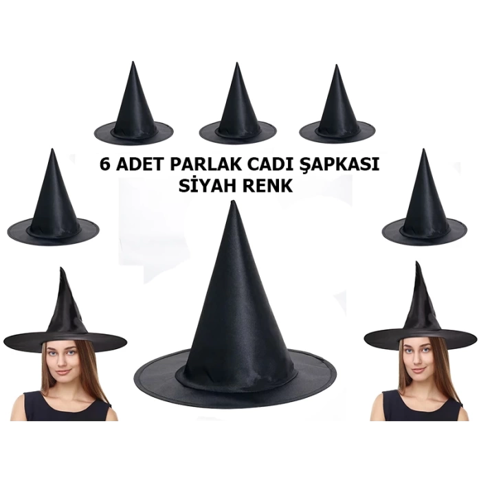 Nessiworld Halloween Siyah Renk Parlak Dralon Cadı Şapkası Yetişkin ve Çocuk Uyumlu 6 Adet