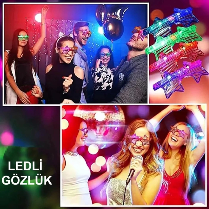 Nessiworld Işıklı Yıldız Gözlük Ledli Parti Gözlüğü 6 Renk 12 Adet