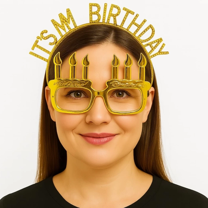 Nessiworld  İt&#39;sMyBirthdayYazılıTaçveMumŞekilliGözlükSetiAltınRenk