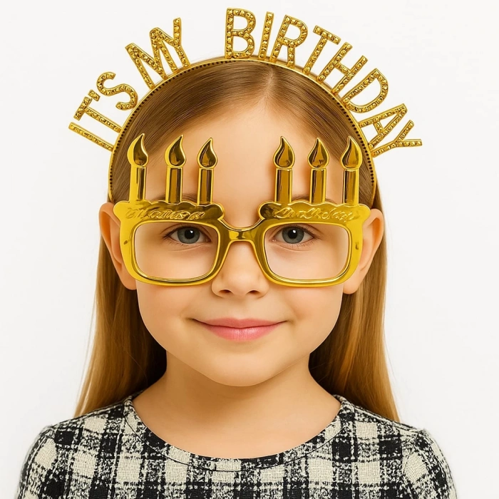 Nessiworld  İt&#39;sMyBirthdayYazılıTaçveMumŞekilliGözlükSetiAltınRenk