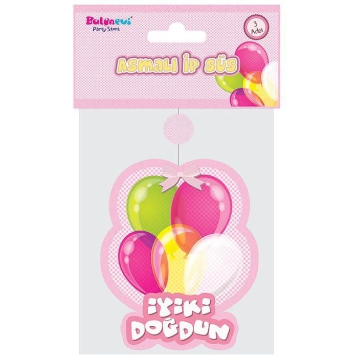 Nessiworld İyiki Doğdun Yazılı Asmalı İp Süs Pembe Renk 3 lü Set 12x45 cm