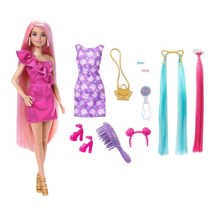 Nessiworld JDC85 Barbie Upuzun Muhteşem Saçlı Bebekler Pembe Saçlı Bebek