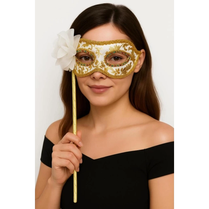Nessiworld  Lüks Taşlı Saplı Maskeli Balo Maskesi Beyaz Renk 35 cm