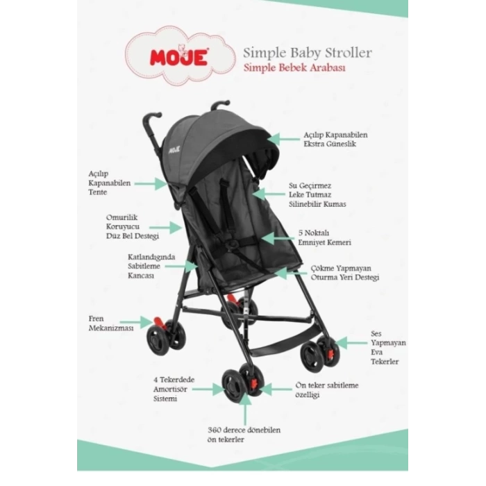 Nessiworld Moje Simple Pratik Baston Bebek Arabası Gri