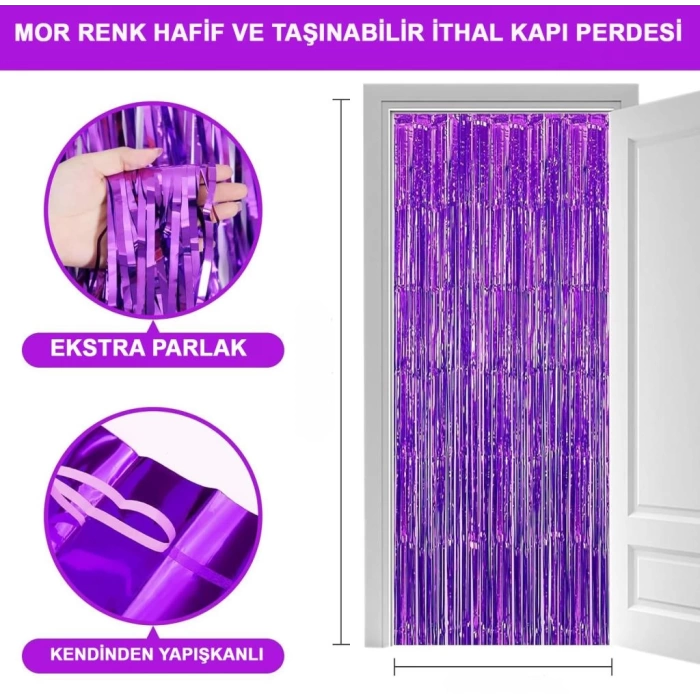 Nessiworld   Mor Renk Ekstra Metalize Parlak Saçaklı Arka Fon Perde İthal A Kalite 1x2 Metre