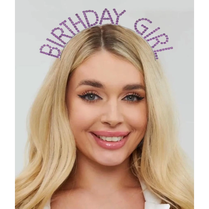 NessiWorld Mor Renk Kristal Taşlı Parlak Birthday Girl Yazılı Taç 16x17 cm