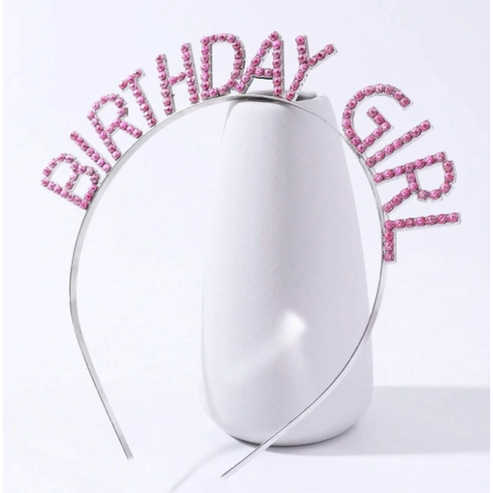 NessiWorld Pembe Renk Kristal Taşlı Parlak Birthday Girl Yazılı Taç 16x17 cm