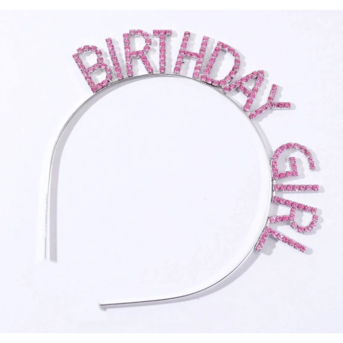 NessiWorld Pembe Renk Kristal Taşlı Parlak Birthday Girl Yazılı Taç 16x17 cm