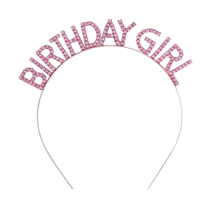 NessiWorld Pembe Renk Kristal Taşlı Parlak Birthday Girl Yazılı Taç 16x17 cm