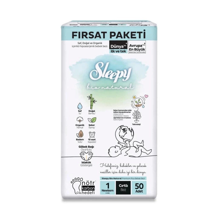 Nessiworld Sleepy Bio Natural Bebek Bezi Fırsat Paketi 1 Beden 50 Adet