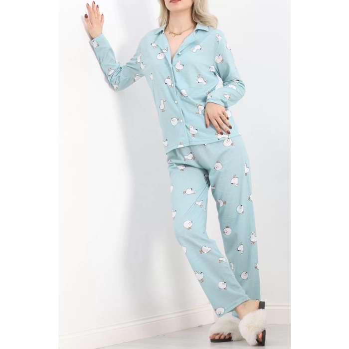 Önü Düğmeli Pijama Takımı Yeşil - 150.1287.