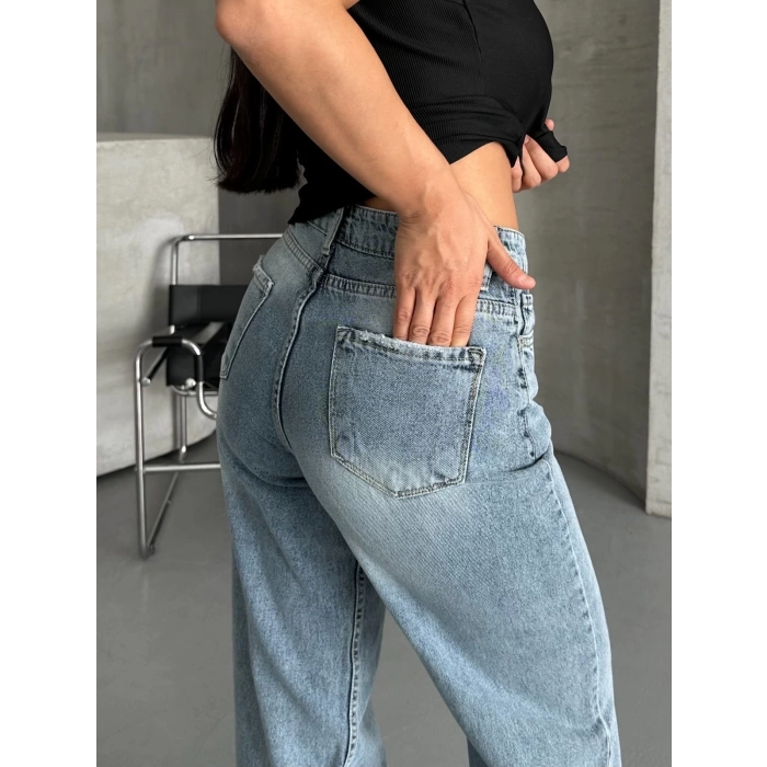 Palazzo straight kar yıkama jeans pantolon mavi d2008