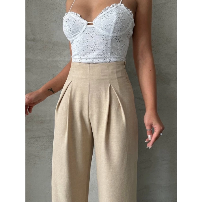 Pileli keten pantolon s255046