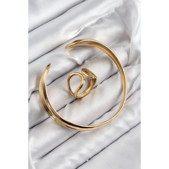 Pirinç Ayrık Model Gold Renk Bileklik Yüzük Set