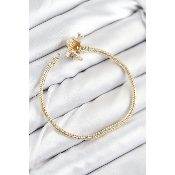 Pirinç Charm Zirkon Taşlı Taç Model Gold Renk Kadın Bileklik