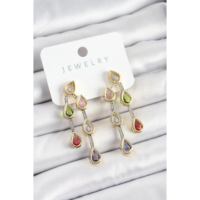 Pirinç Çoklu Damla Model Karşık Zirkon Taşlı Gold Ve Gümüş Renk Kadın Küpe