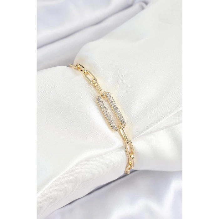 Pirinç  Dikdörtgen Model Zirkon Taşlı Gold Renk VİP Seri Kadın Bileklik