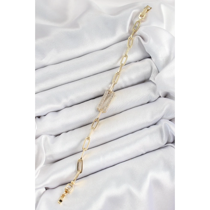 Pirinç  Dikdörtgen Model Zirkon Taşlı Gold Renk VİP Seri Kadın Bileklik
