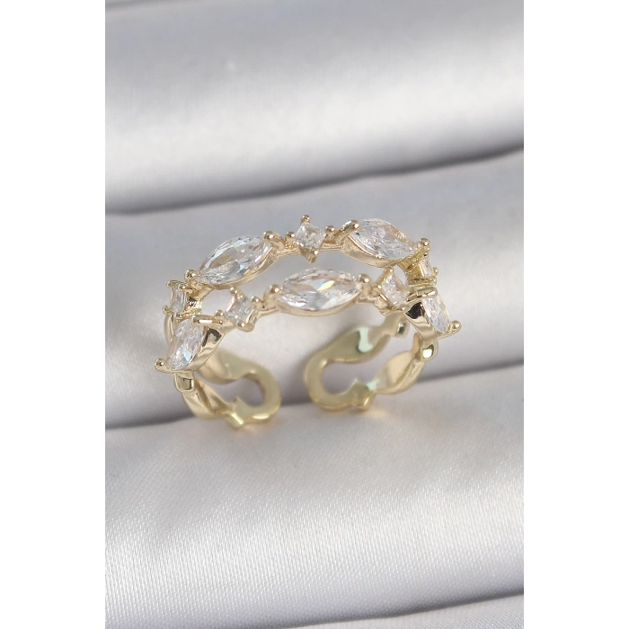 Pirinç Gold Renk 2Li Damla Zirkon Taşlı Ayarlanabilir Kadın Yüzük