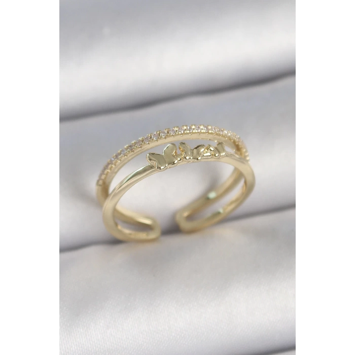 Pirinç Gold Renk 2Li Sıra Zirkon Taş Detaylı Kelebek Figürlü Ayarlanabilir Model Kadın Yüzük