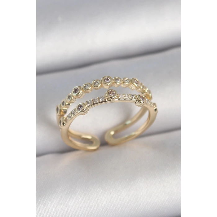 Pirinç Gold Renk 2Li Sıralı Zirkon Taşlı Ayarlanabilir Model Kadın Yüzük
