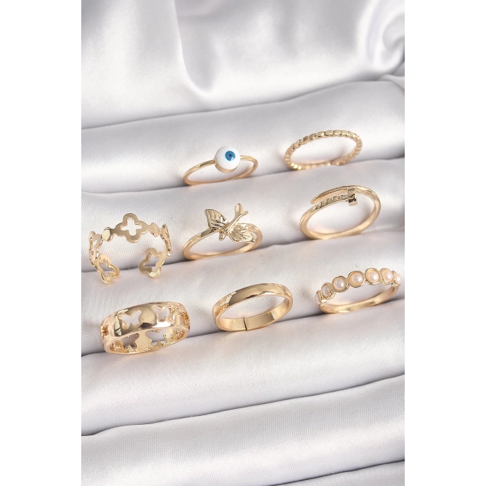 Pirinç Gold Renk Nazar Boncuk Model Kuş Detay Kadın Yüzük Kombini