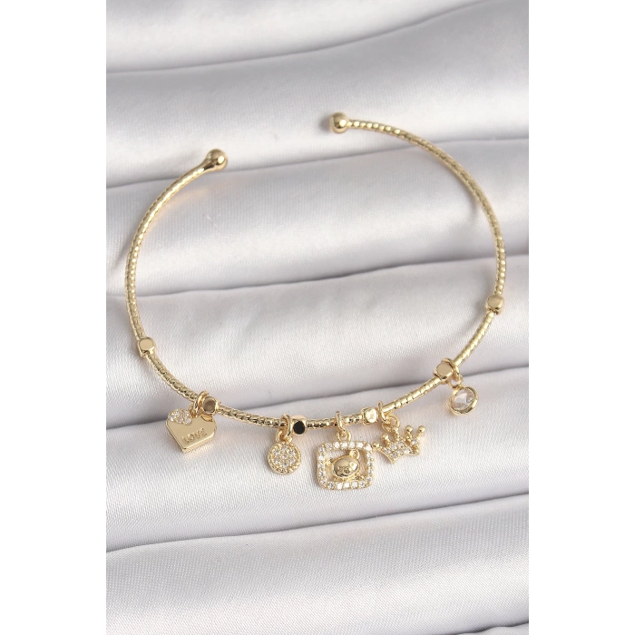 Pirinç Gold Renk Sallantı Zirkon Taşlı Ayıcık Figür Taç Detay Charm Kadın Bileklik