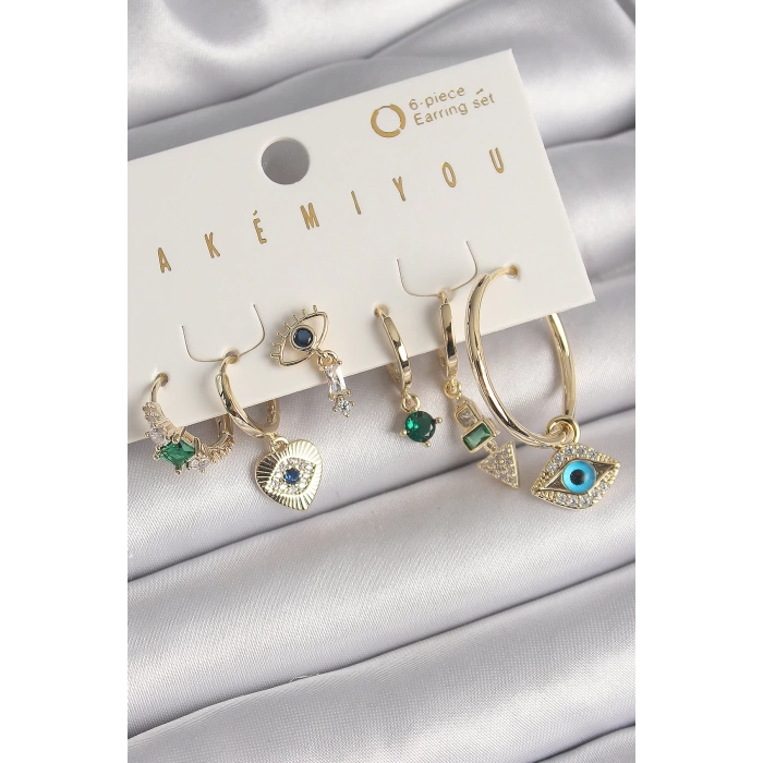 Pirinç Gold Renk Sallantı Zirkon Taşlı Göz Figür VIP Seri Kadın Küpe Seti