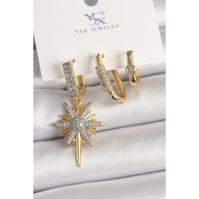 Pirinç Gold Renk Sallantı Zirkon Taşlı Kutup Yıldız Model 3Lü Kadın Kombin Küpe