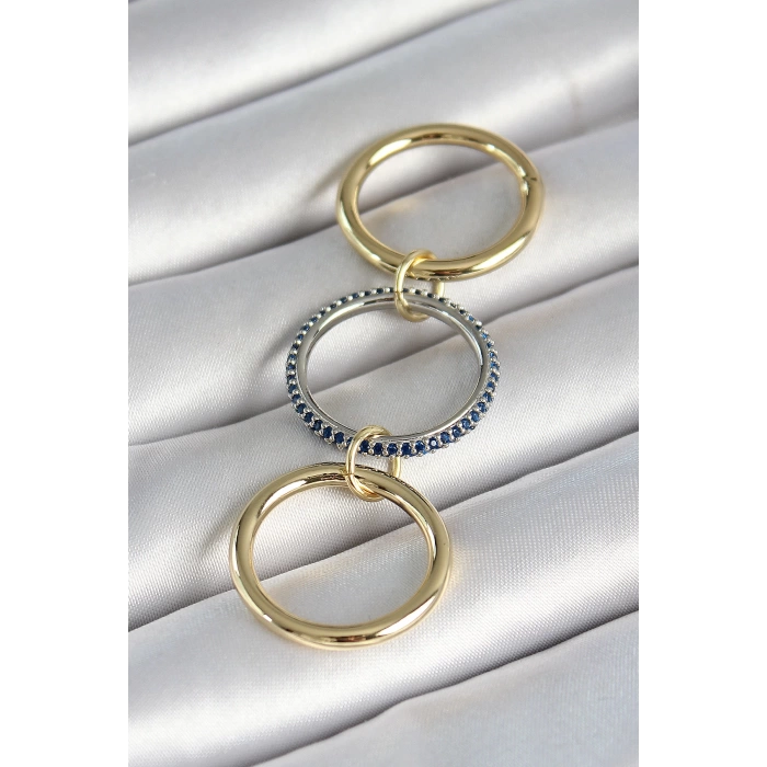 Pirinç Gold Renk Zirkon Taşlı 3Lü Kadın Yüzük