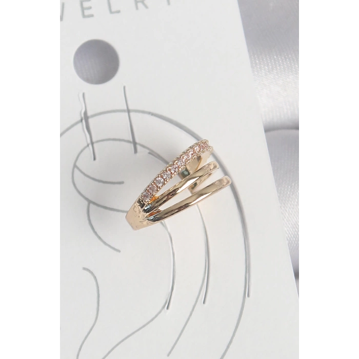 Pirinç Gold Renk Zirkon Taşlı 3Lü Sıralı Model Kadın Kıkırdak Küpe