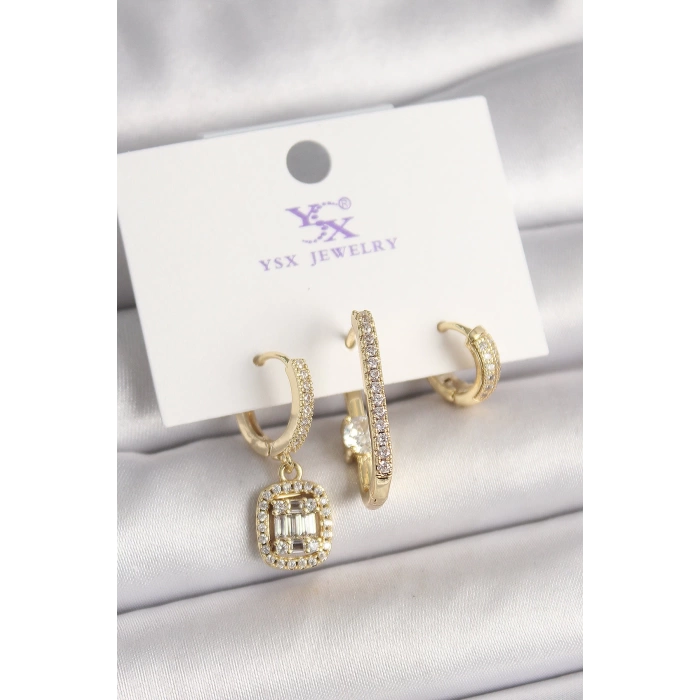 Pirinç Gold Renk Zirkon Taşlı Baget Halka Model 3Lü Kadın Kombin Küpe