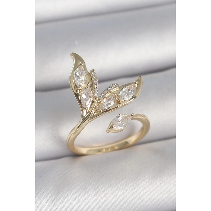 Pirinç Gold Renk Zirkon Taşlı Balık Kuyruğu Model Ayarlanabilir Model Kadın Yüzük